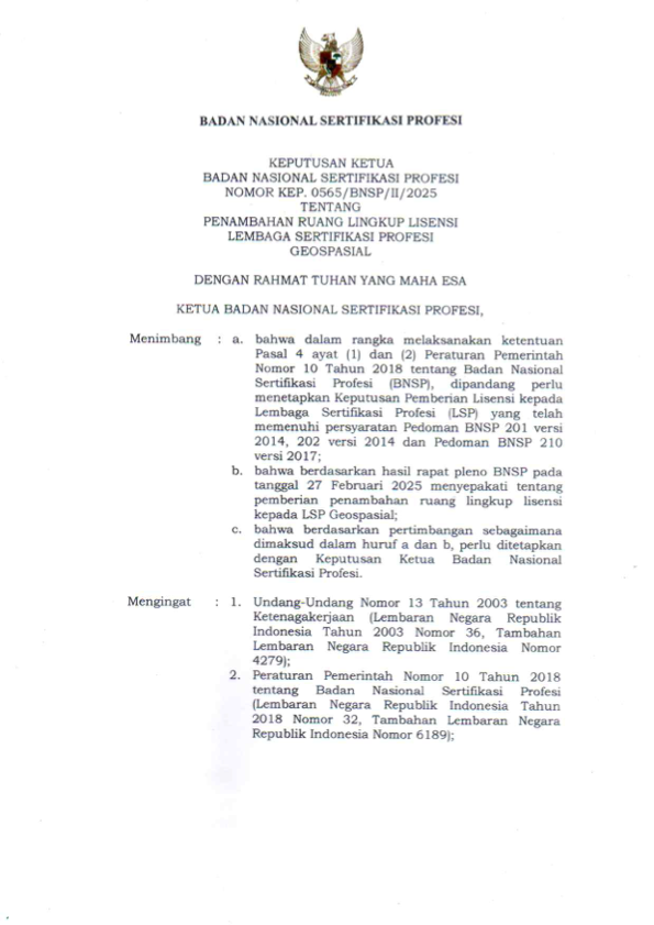 Halaman depan SK PRL 0565 BNSP 2025